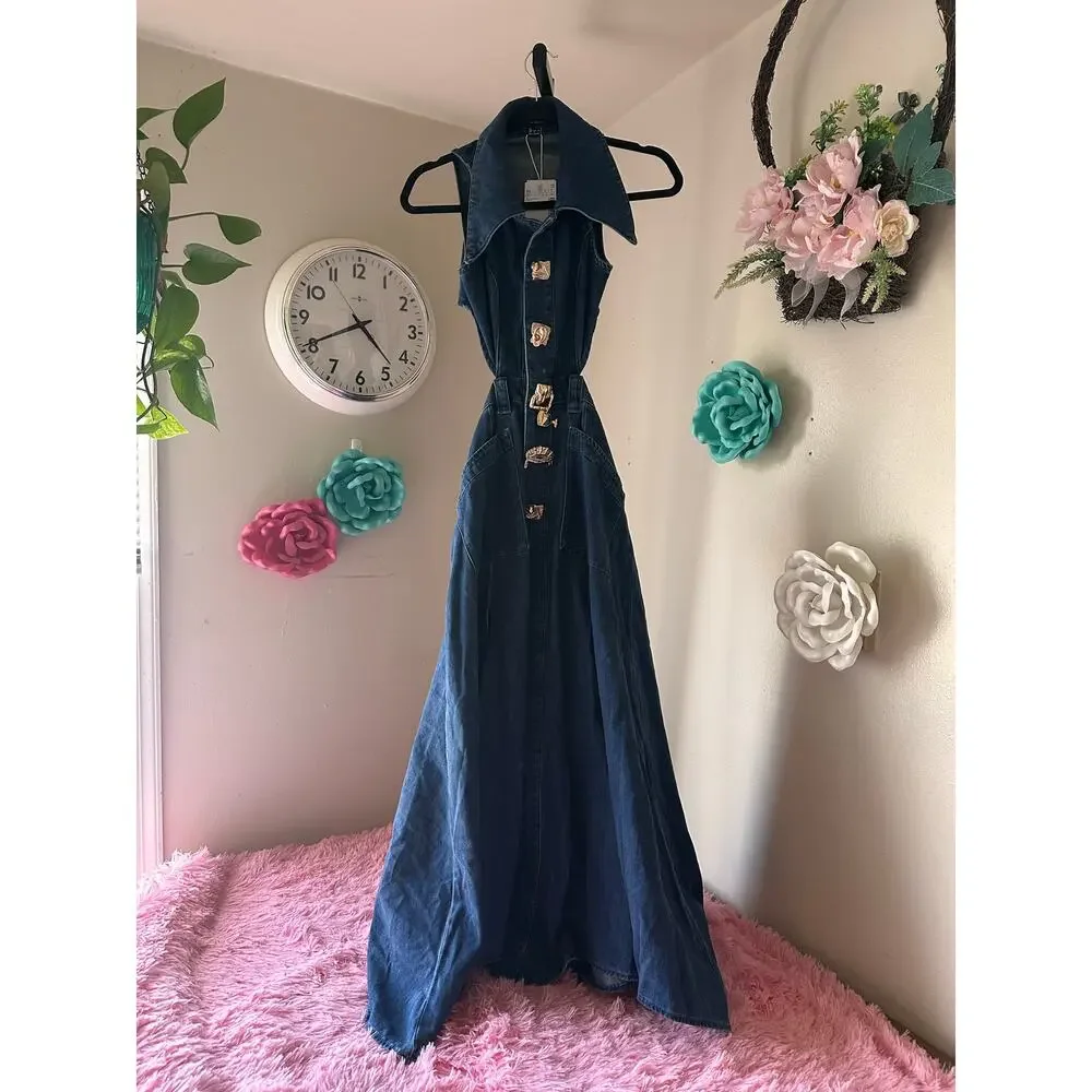 Dark Blue Denim Midi Dress with Statement Collar - Picture 3 of 5